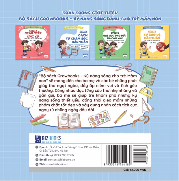 Bộ Sách GROWBOOKS - Kỹ Năng Sống Cho Trẻ Mầm Non: Kỹ Năng Giao Tiếp, Chăm Sóc Bản Thân, Đạo Đức, Cảm Xúc,Bảo Vệ Bản Thân