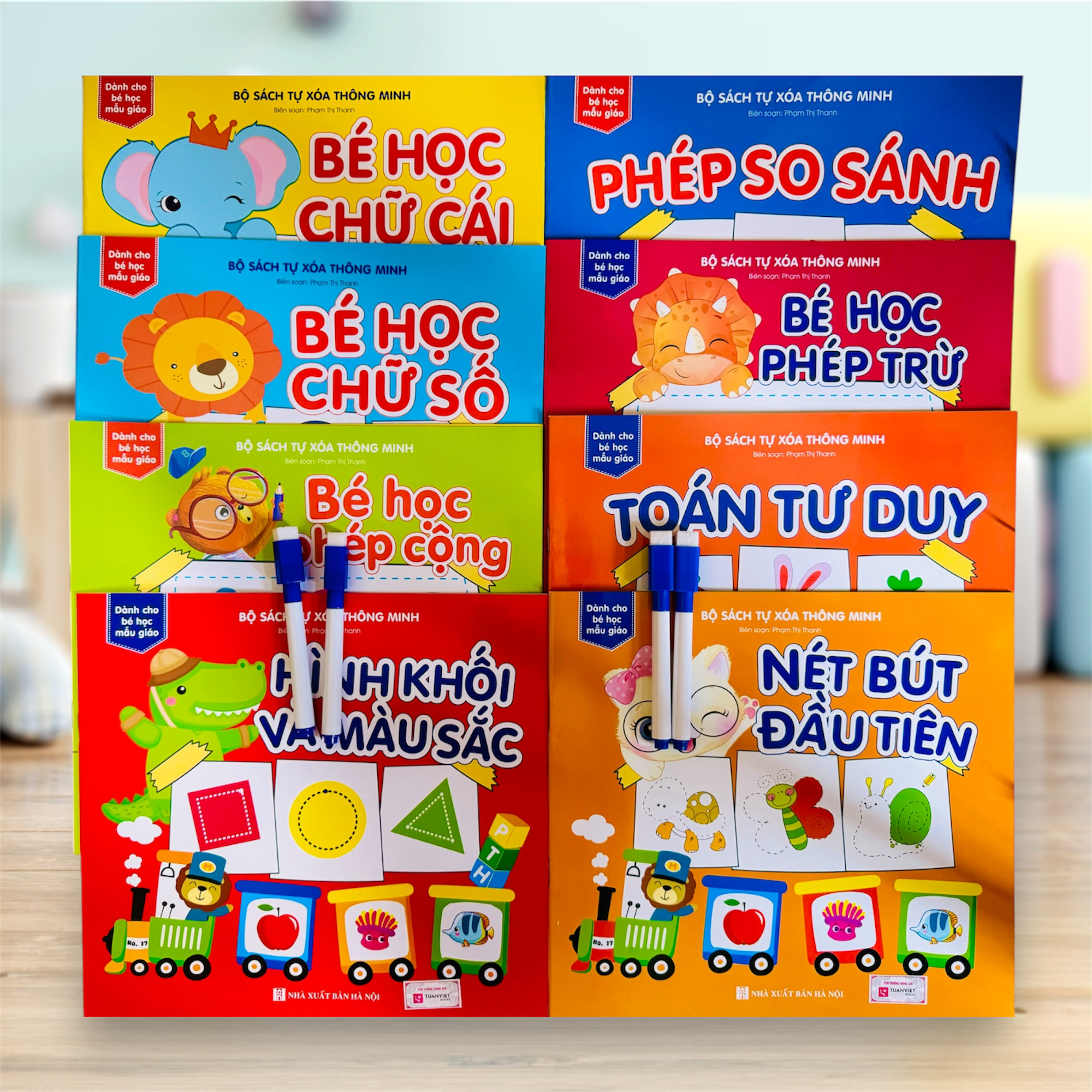 Sách- Combo 4 cuốn sách tự xoá: Chữ số + Phép cộng + Chữ cái+ Hình khối màu sắc (Tặng kèm bút)