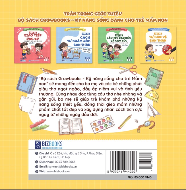 Bộ Sách GROWBOOKS - Kỹ Năng Sống Cho Trẻ Mầm Non: Kỹ Năng Giao Tiếp, Chăm Sóc Bản Thân, Đạo Đức, Cảm Xúc,Bảo Vệ Bản Thân