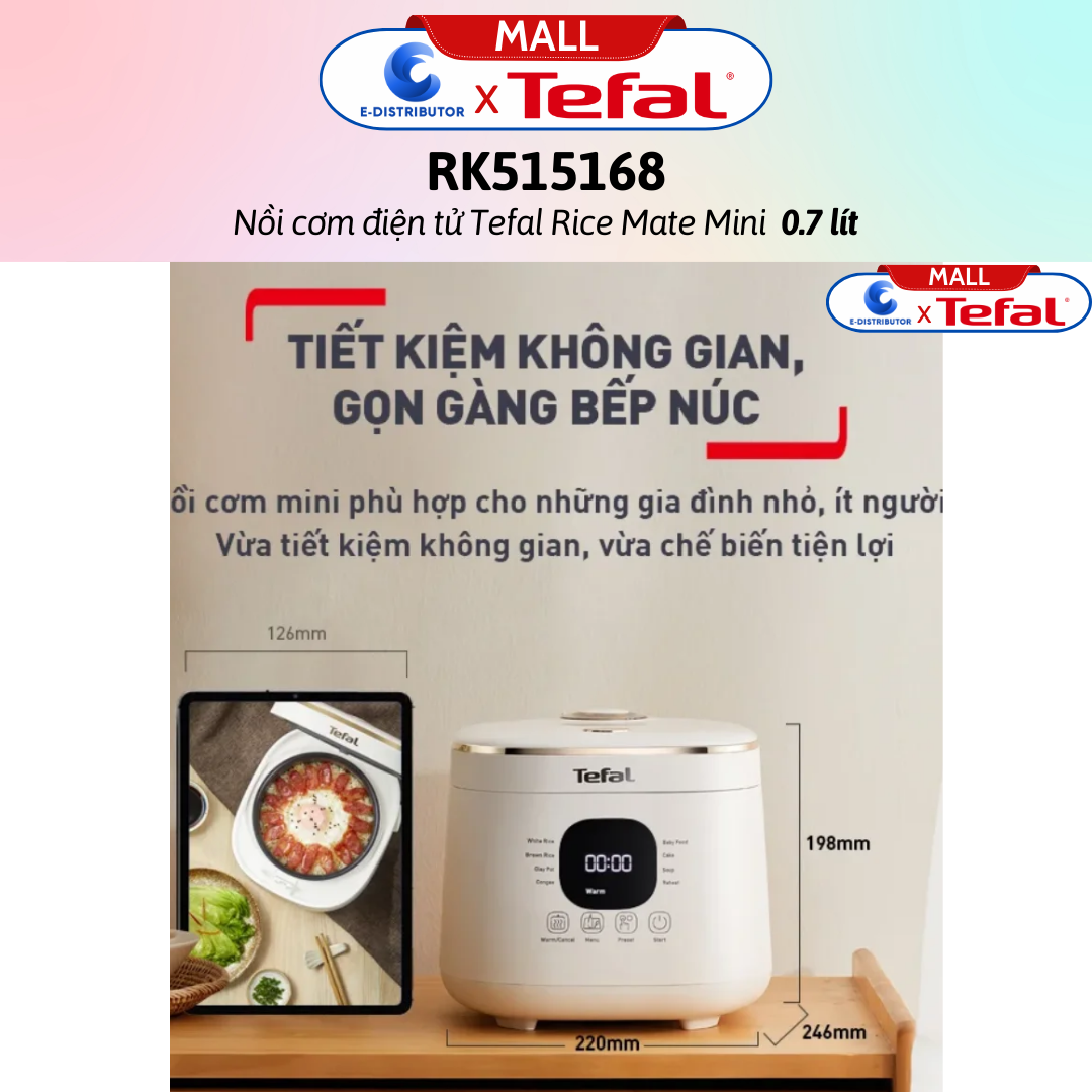 Nồi cơm điện tử Tefal Rice Mate Mini 0.7 lít RK515168 - Hàng Chính Hãng - Bảo Hành 12 Tháng - Dung tích: 0.7 lít Công suất: 350W