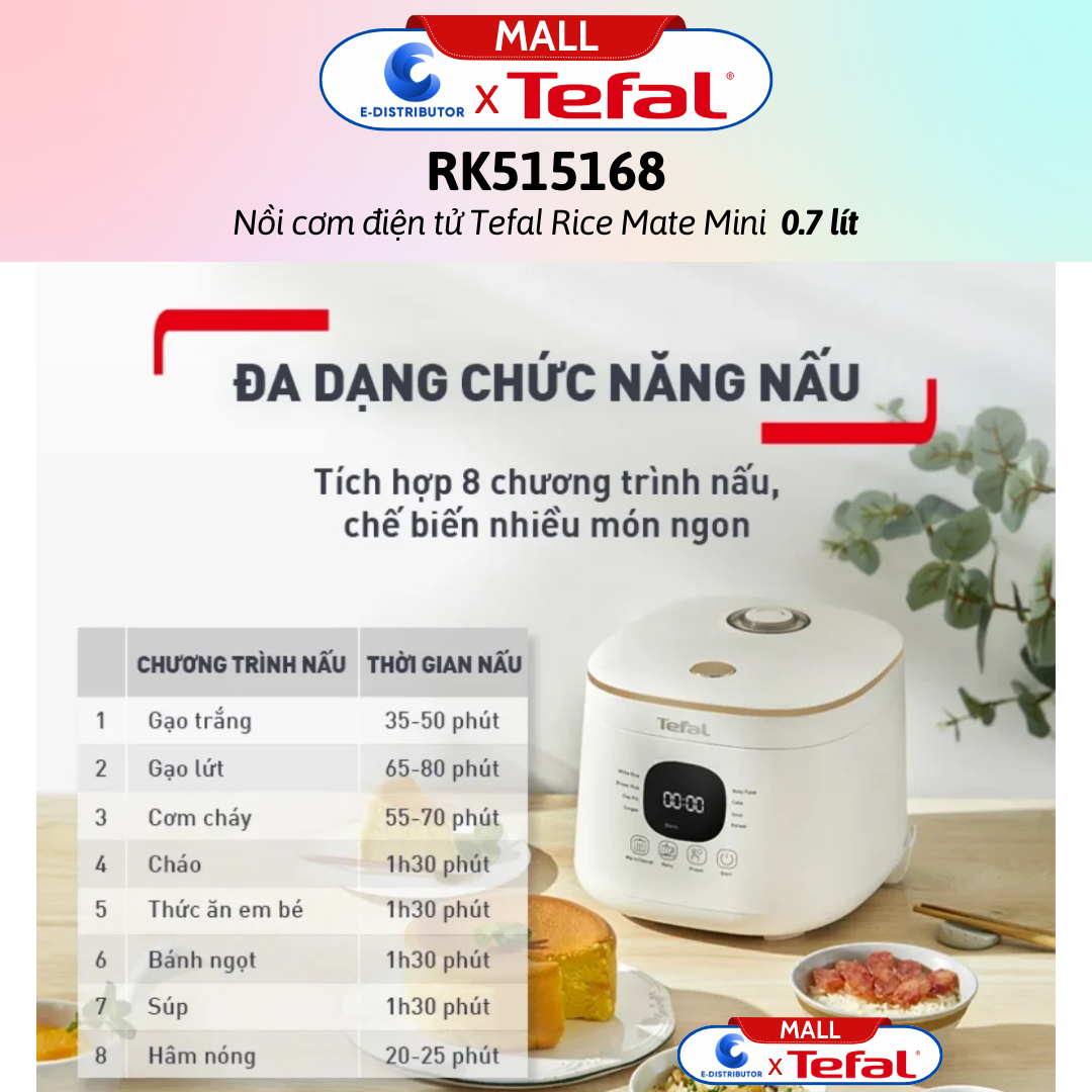 Nồi cơm điện tử Tefal Rice Mate Mini 0.7 lít RK515168 - Hàng Chính Hãng - Bảo Hành 12 Tháng - Dung tích: 0.7 lít Công suất: 350W