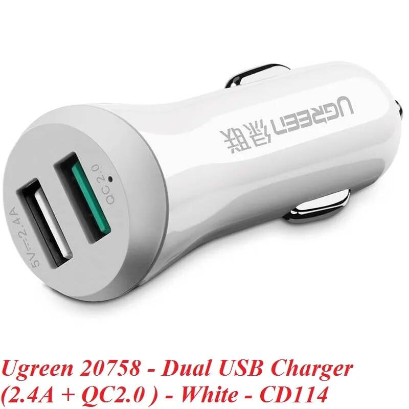 Ugreen UG20758CD114TK 30W màu Trắng Bộ sạc ô tô 2 cổng USB 2.4A + QC 2.0 - HÀNG CHÍNH HÃNG
