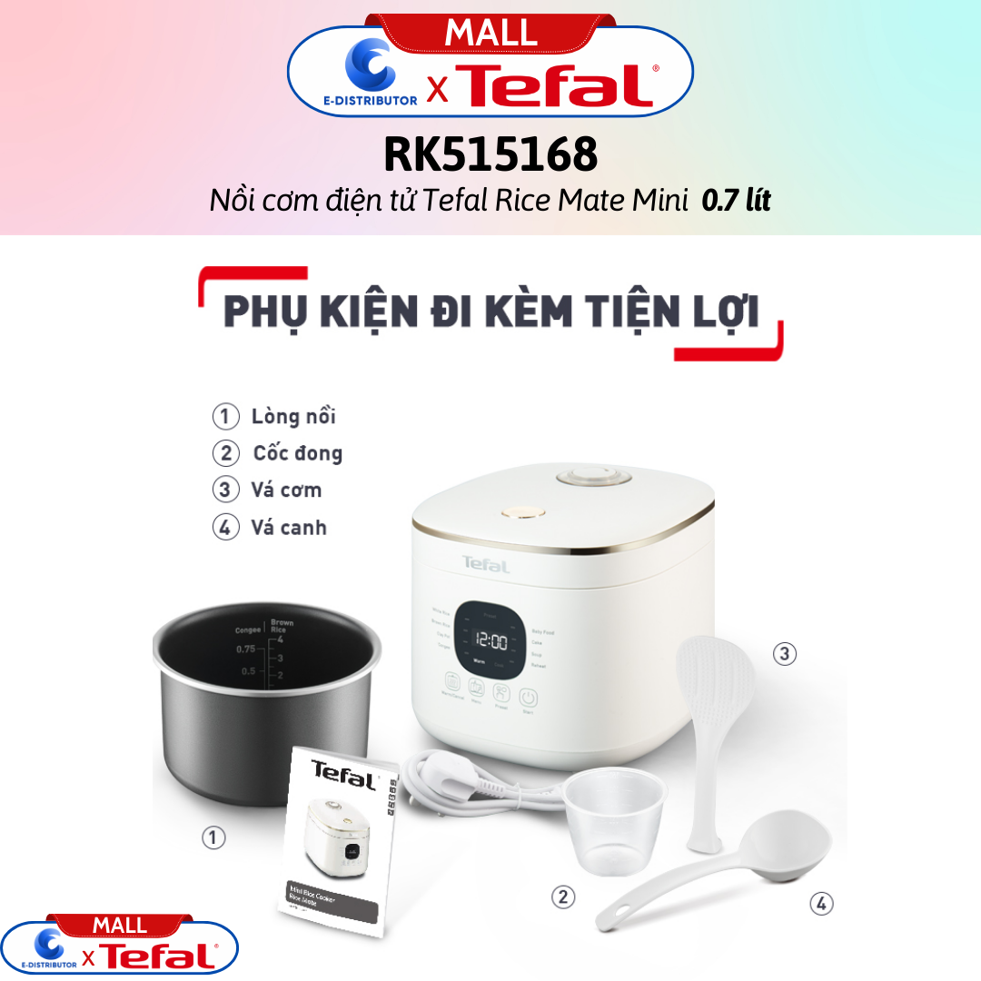 Nồi cơm điện tử Tefal Rice Mate Mini 0.7 lít RK515168 - Hàng Chính Hãng - Bảo Hành 12 Tháng - Dung tích: 0.7 lít Công suất: 350W