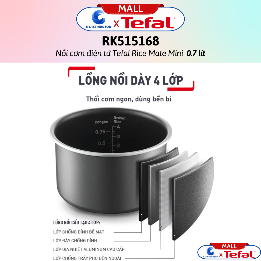 Nồi cơm điện tử Tefal Rice Mate Mini 0.7 lít RK515168 - Hàng Chính Hãng - Bảo Hành 12 Tháng - Dung tích: 0.7 lít Công suất: 350W
