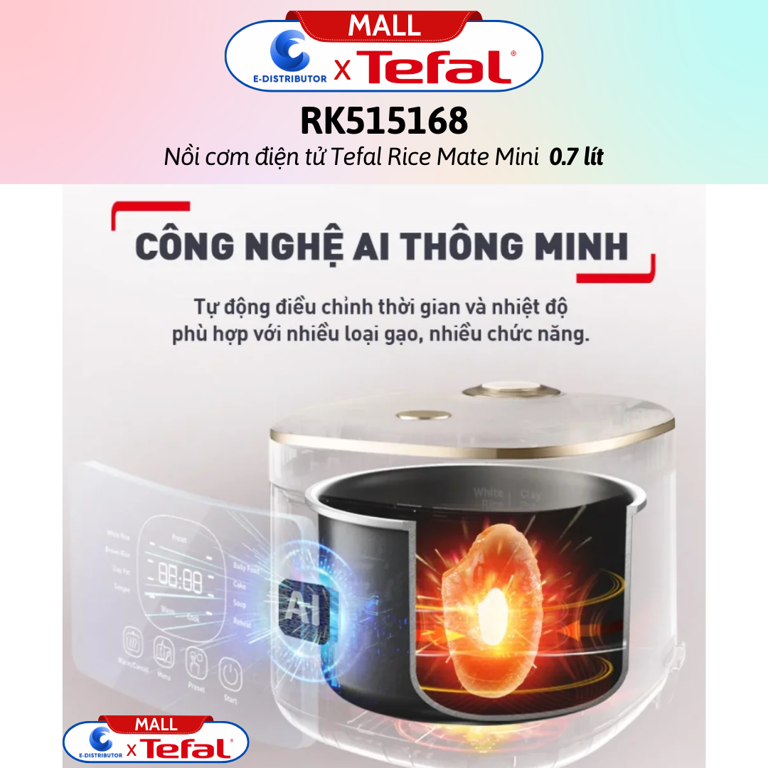 Nồi cơm điện tử Tefal Rice Mate Mini 0.7 lít RK515168 - Hàng Chính Hãng - Bảo Hành 12 Tháng - Dung tích: 0.7 lít Công suất: 350W